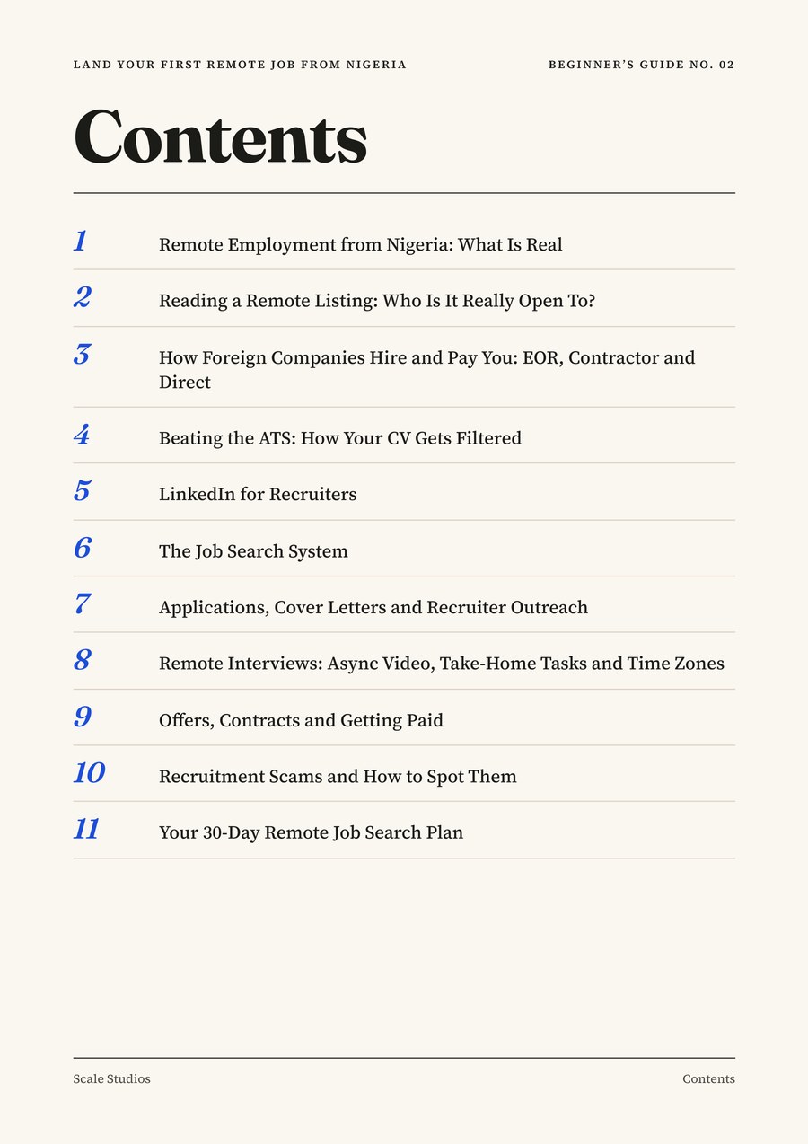 Contents page of Land Your First Remote Job From Nigeria