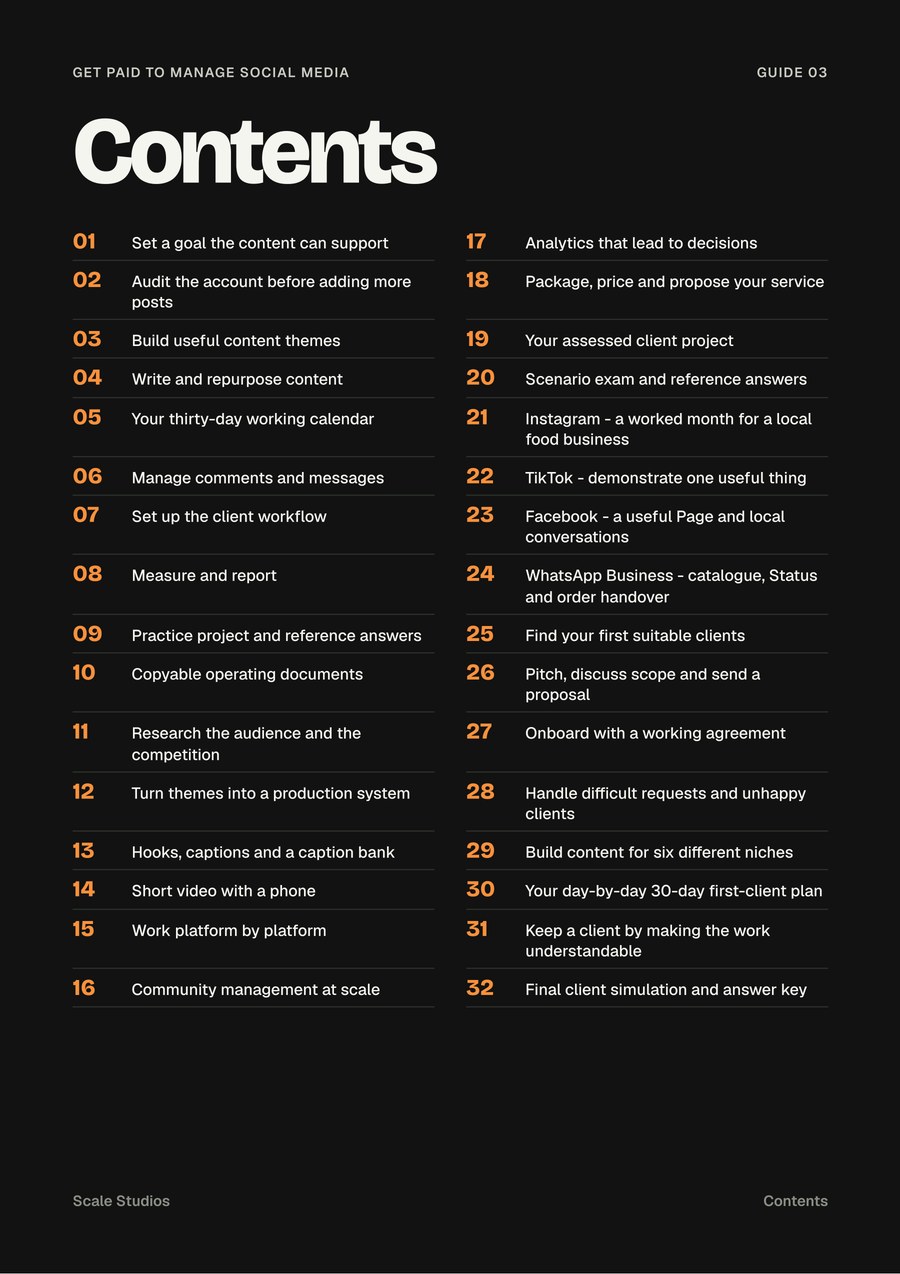 Contents page of Get Paid to Manage Social Media