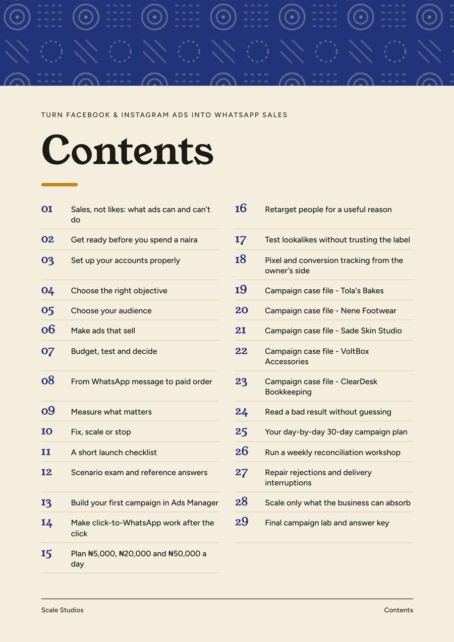 Contents page of Turn Facebook and Instagram Ads Into WhatsApp Sales